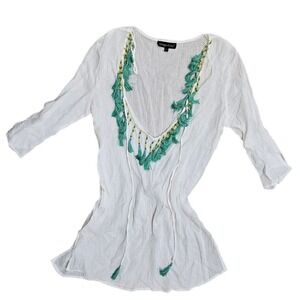 Womens Swimsuit Coverup Tunic L Spaggia Dolce Sheer Embellished Tassels Beaded